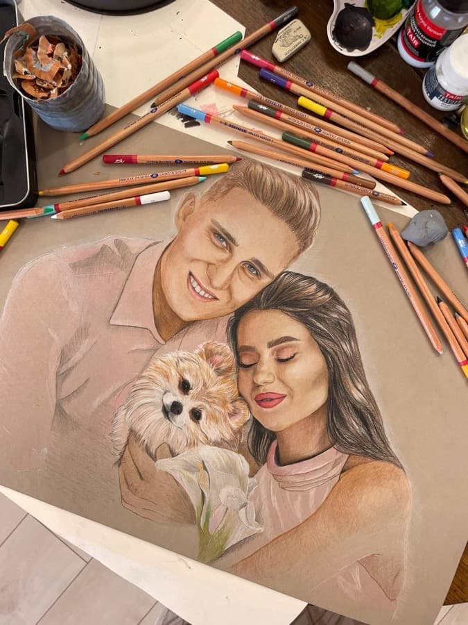 Couple with pet, pencil