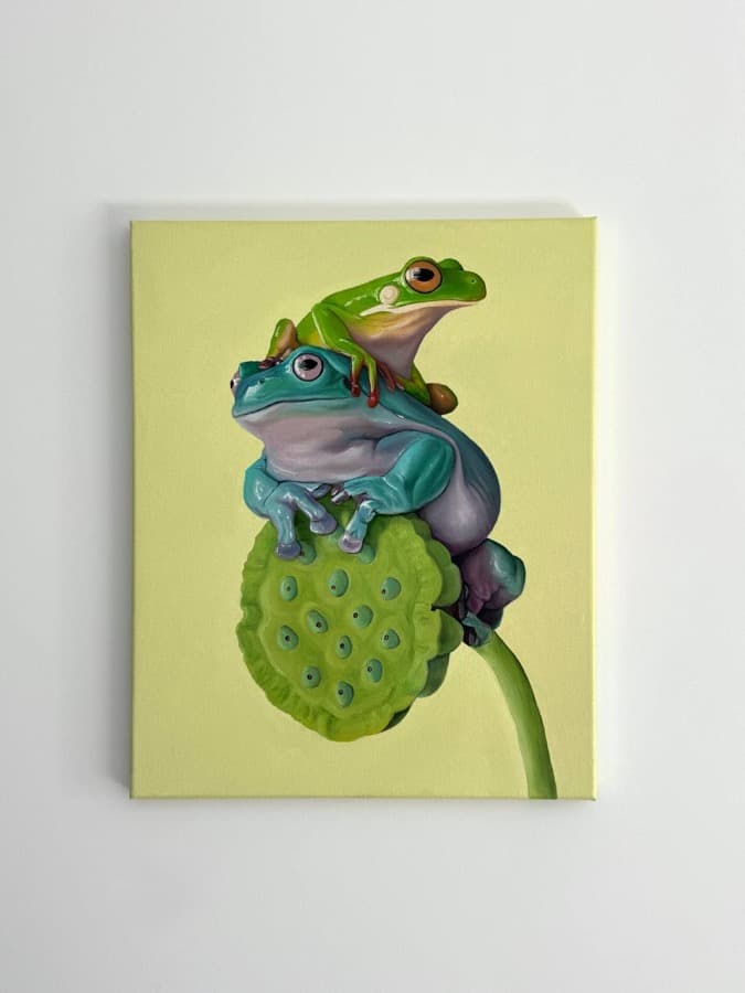 Frogs on lotus, oil